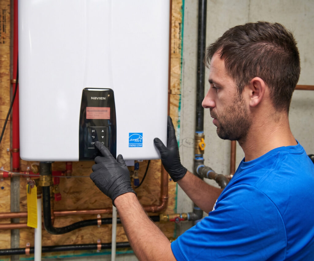All County Plumbing & Leak adjusting a Navien tankless water heater