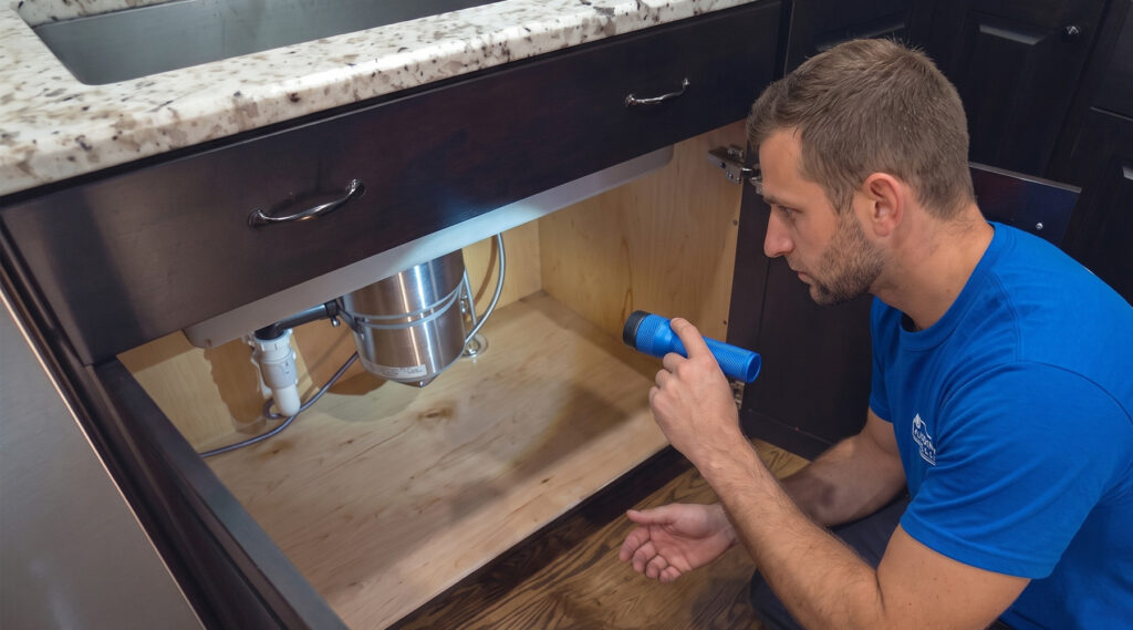 an all county plumbing technician uses a flashlight to inspect the plumbing and disposal unit beneath a kitchen sink